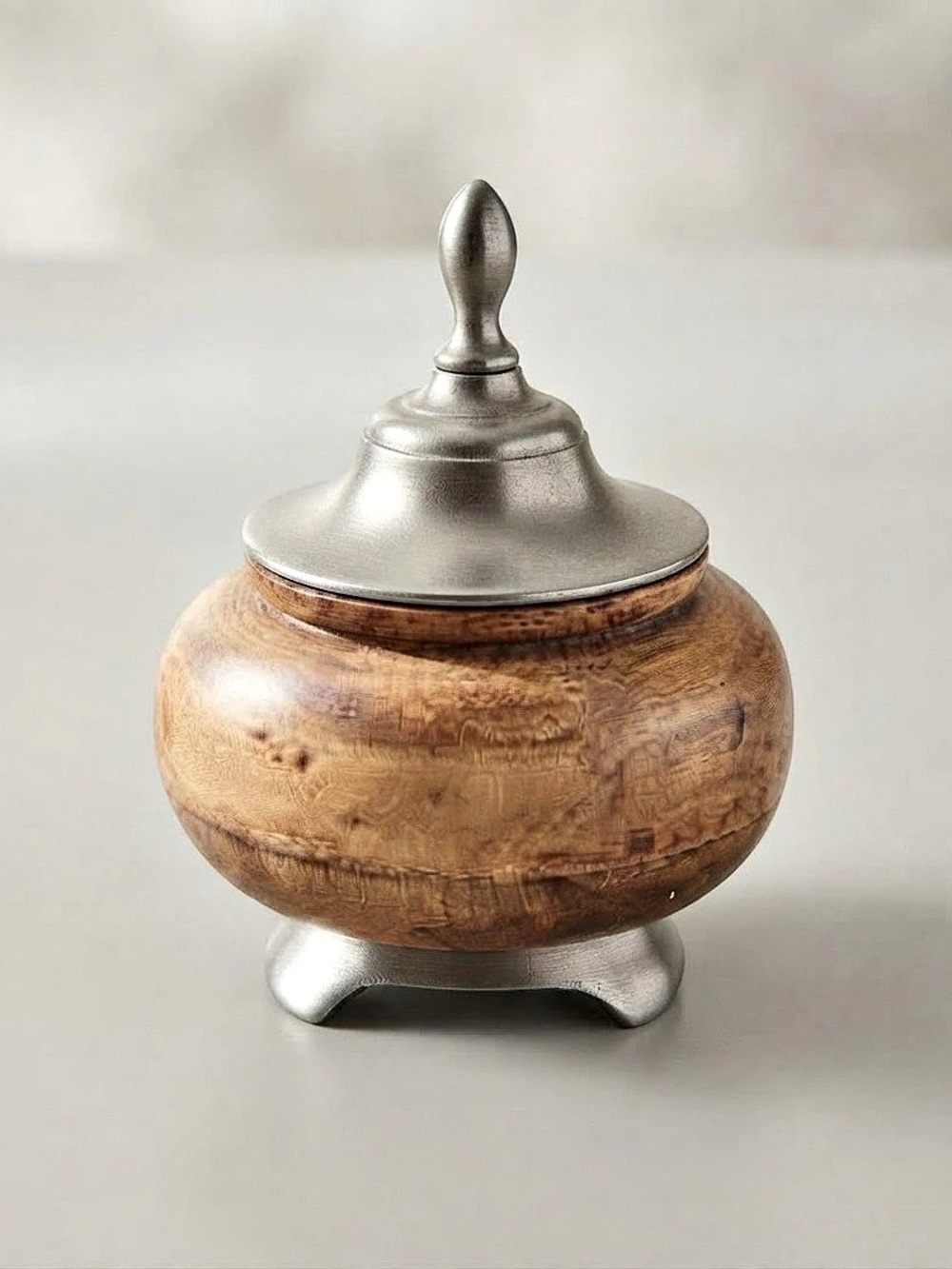 Large Wood and Pewter Lidded Jar - Decorative Vessel Urn